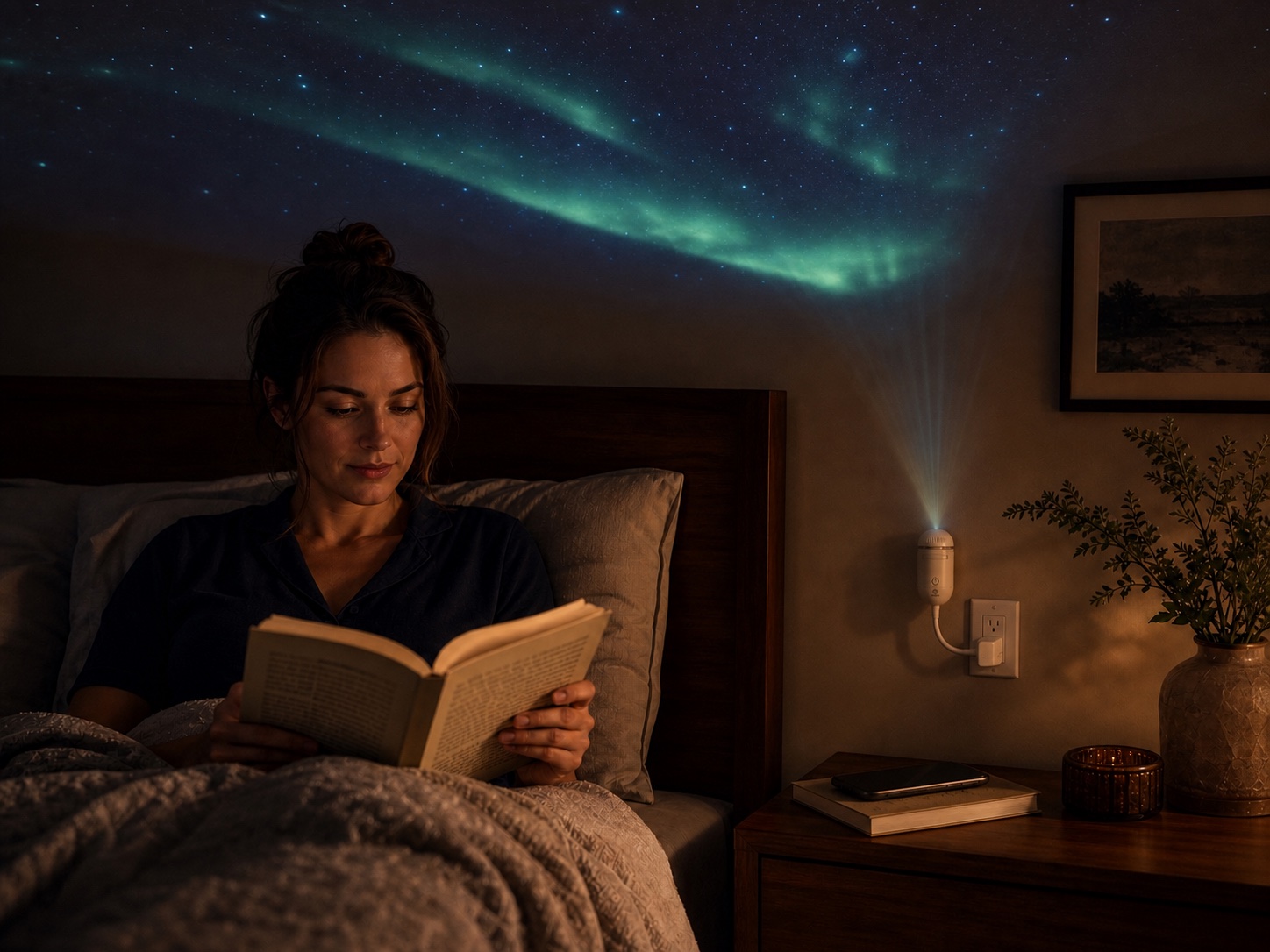 A parent enjoying a quiet screen-free moment under an aurora projection