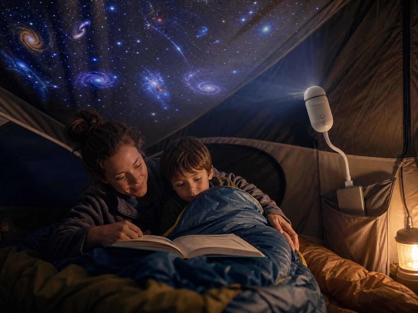 A parent and child reading under a galaxy inside a dry camping tent