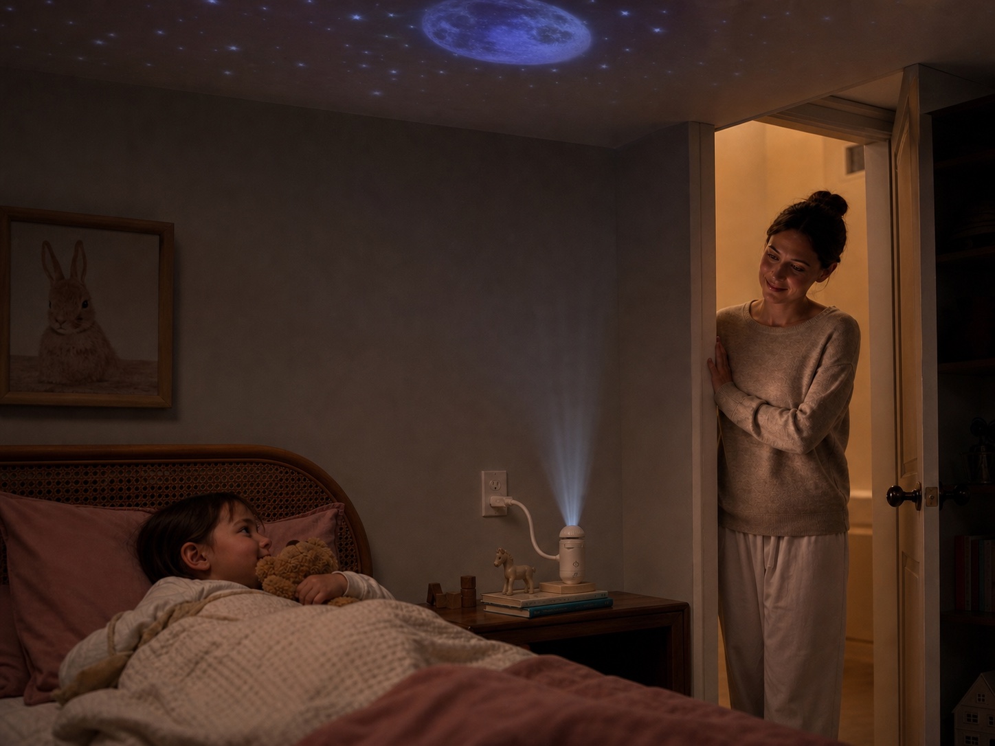 A child settling into bed under a gentle moon and stars projection