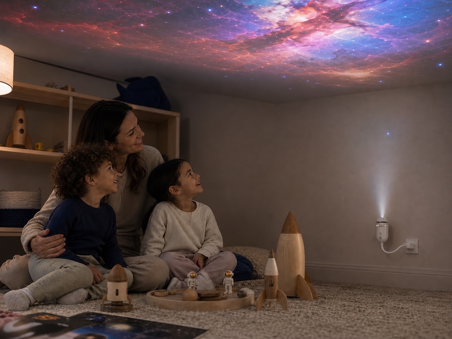 A parent and children sharing a projected galaxy in a playroom